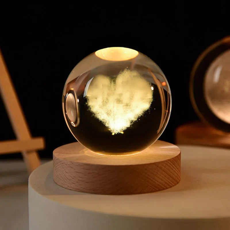 Bola de cristal de galaxia espacial con base de madera, sistema solar grabado en 3D